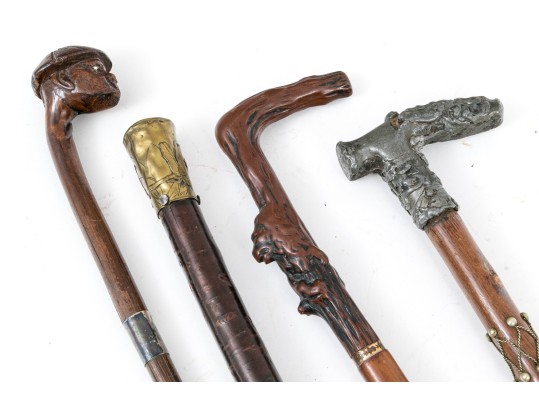 Lot Of Four Assorted Canes And Walking Sticks, Assorted Motifs, Including Mixed Metal
