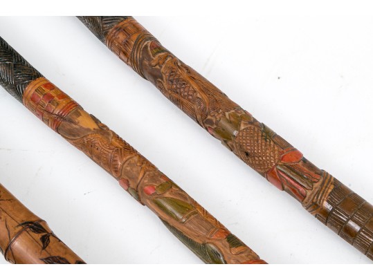 Lot Of Five Assorted Canes And Walking Sticks, Assorted Carved And Painted Or Stained Woods