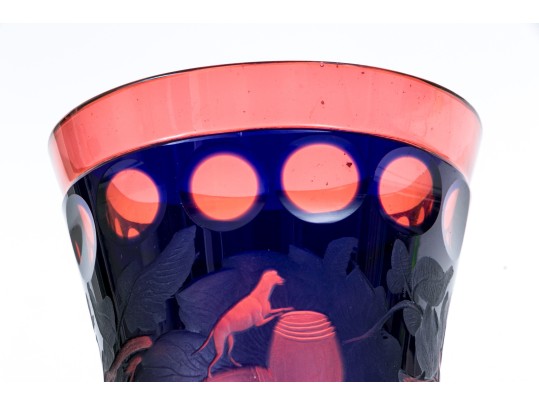 Red And Blue Overlay Cut Glass Vase