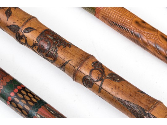 Lot Of Five Assorted Canes And Walking Sticks, Assorted Carved And Painted Or Stained Woods