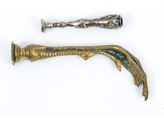 Lot Of Two Vintage Wax Seal Stamps, Silver Repousse And Brass Talon Motifs, With Wax