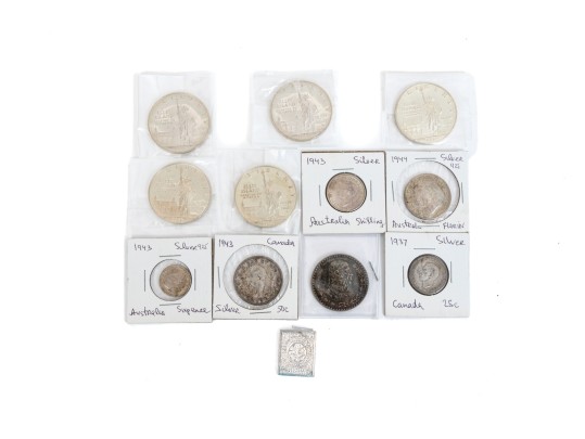 Collection Of Domestic And International Coins With Sterling Commemorative Stamp