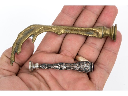 Lot Of Two Vintage Wax Seal Stamps, Silver Repousse And Brass Talon Motifs, With Wax