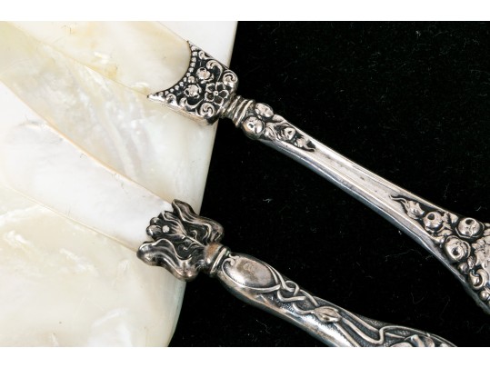 Mother Of Pearl Caviar Plate With Two Sterling Handled Knives