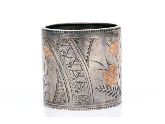 Sterling Silver Beautiful Antique Wide Mixed Metal, Floral Motif Chased Napkin Ring