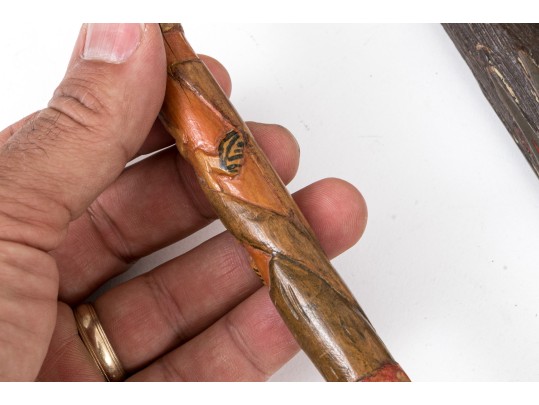 Lot Of Five Assorted Canes And Walking Sticks, Assorted Carved And Painted Or Stained Woods