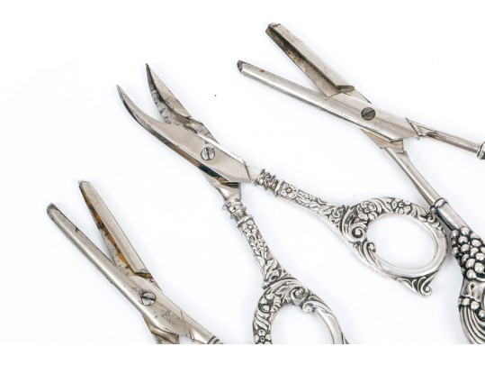 Lot Of Three Assorted Attractive Vintage Grape Shears, Two With Sterling Handles