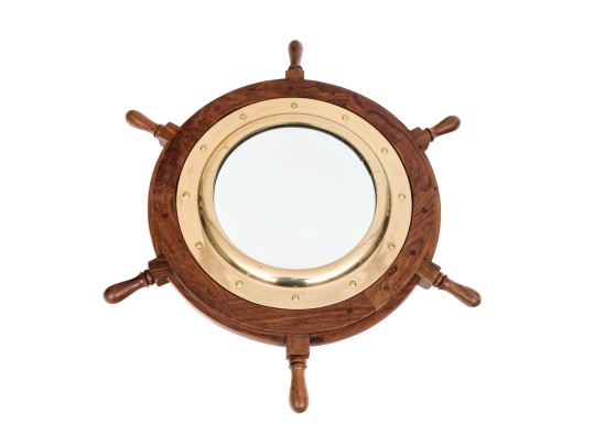 Vintage Teak Framed Ship Wheel Form Mirror