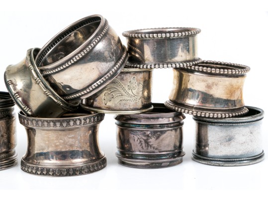 Lot Of Ten Fun Assorted Sterling Silver, Coin Silver And Silver Plated Napkin Rings