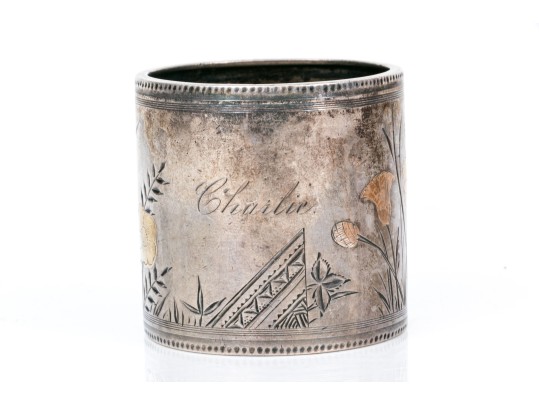 Sterling Silver Beautiful Antique Wide Mixed Metal, Floral Motif Chased Napkin Ring