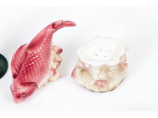 Lot Of Six Pretty Vintage Table Items, Including Fish Salt And Pepper Shaker