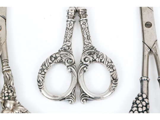 Lot Of Three Assorted Attractive Vintage Grape Shears, Two With Sterling Handles
