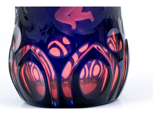 Red And Blue Overlay Cut Glass Vase