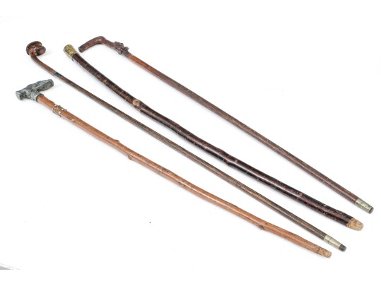 Lot Of Four Assorted Canes And Walking Sticks, Assorted Motifs, Including Mixed Metal