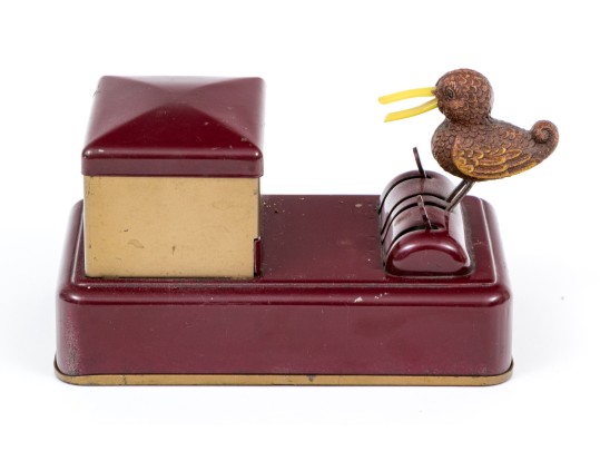 Fun Vintage Bird Motif Maroon And Gold Tone Vintage Cigarette Dispenser
