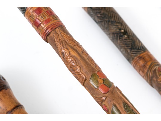 Lot Of Five Assorted Canes And Walking Sticks, Assorted Carved And Painted Or Stained Woods