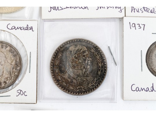 Collection Of Domestic And International Coins With Sterling Commemorative Stamp