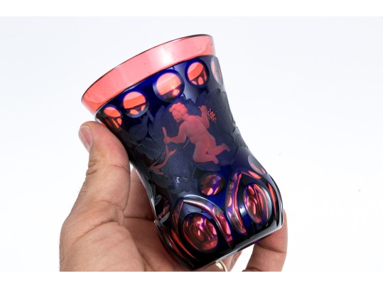 Red And Blue Overlay Cut Glass Vase