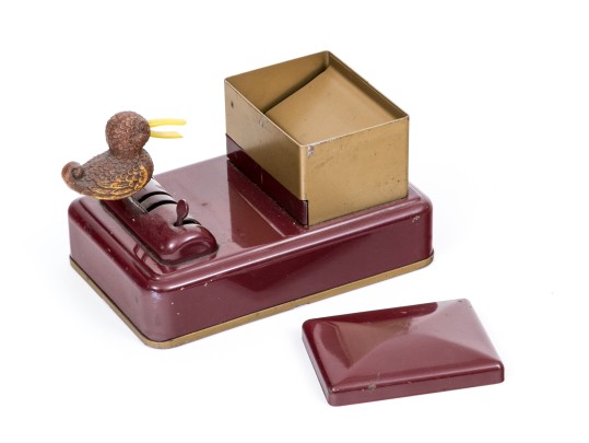 Fun Vintage Bird Motif Maroon And Gold Tone Vintage Cigarette Dispenser