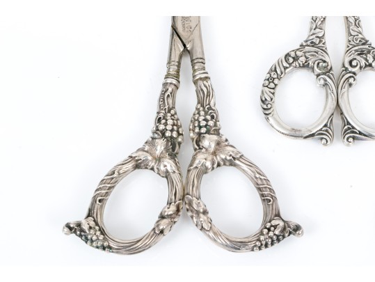 Lot Of Three Assorted Attractive Vintage Grape Shears, Two With Sterling Handles