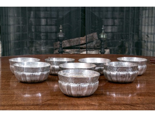 Set Of Eight Rustic .900 Silver Animal And Floral Etched Bowls, 39.34 Ozt