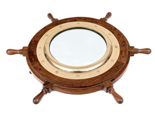 Vintage Teak Framed Ship Wheel Form Mirror