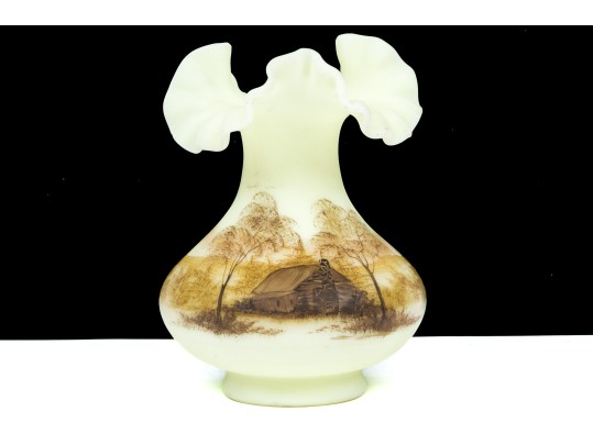 Fenton Uranium Glass Vase With Hand Painted Cabin Scene 