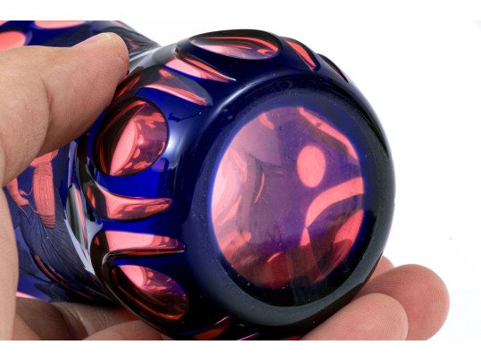 Red And Blue Overlay Cut Glass Vase