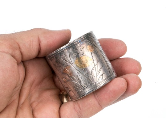 Sterling Silver Beautiful Antique Wide Mixed Metal, Floral Motif Chased Napkin Ring