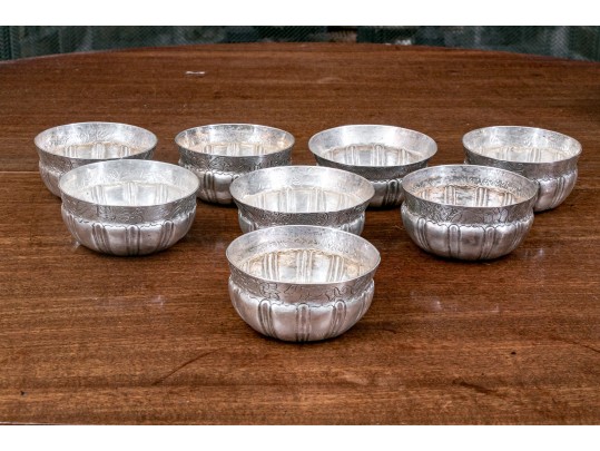 Set Of Eight Rustic .900 Silver Animal And Floral Etched Bowls, 39.34 Ozt