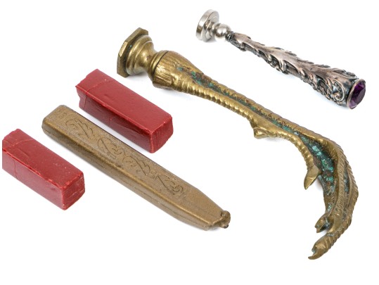 Lot Of Two Vintage Wax Seal Stamps, Silver Repousse And Brass Talon Motifs, With Wax