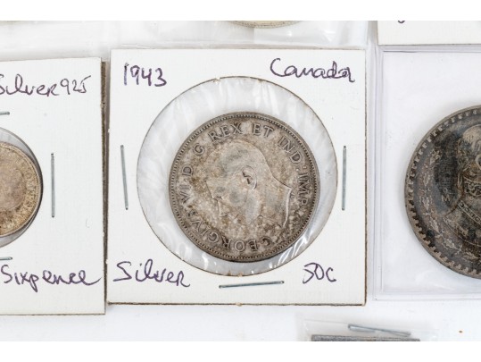 Collection Of Domestic And International Coins With Sterling Commemorative Stamp