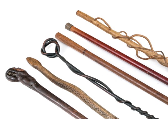 Lot Of Six Assorted Canes, Including Vine Compositions And Snake Motifs