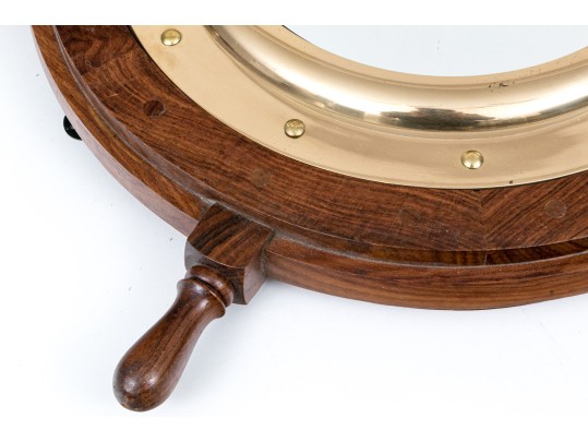 Vintage Teak Framed Ship Wheel Form Mirror