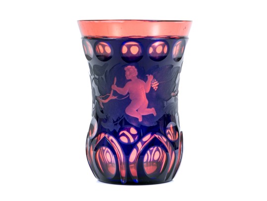 Red And Blue Overlay Cut Glass Vase