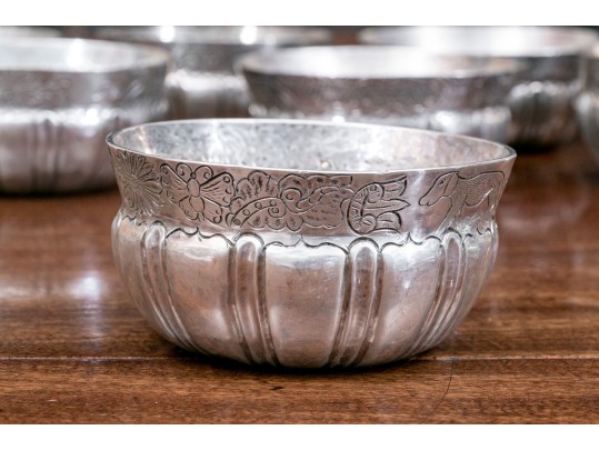 Set Of Eight Rustic .900 Silver Animal And Floral Etched Bowls, 39.34 Ozt