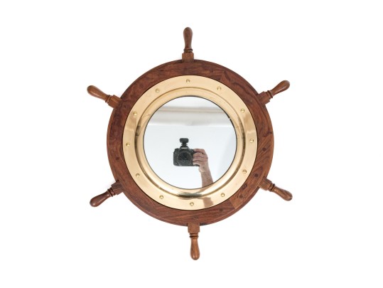 Vintage Teak Framed Ship Wheel Form Mirror