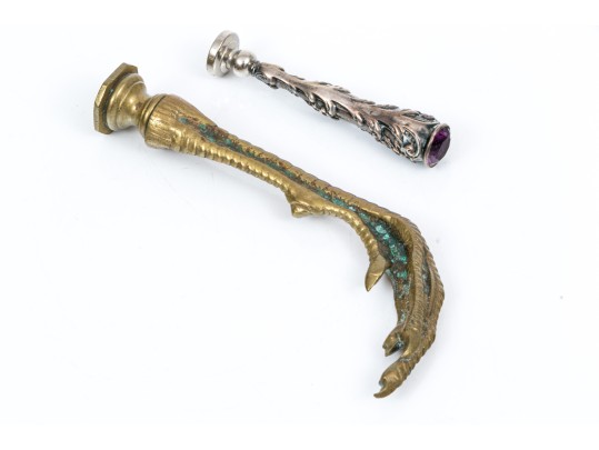 Lot Of Two Vintage Wax Seal Stamps, Silver Repousse And Brass Talon Motifs, With Wax