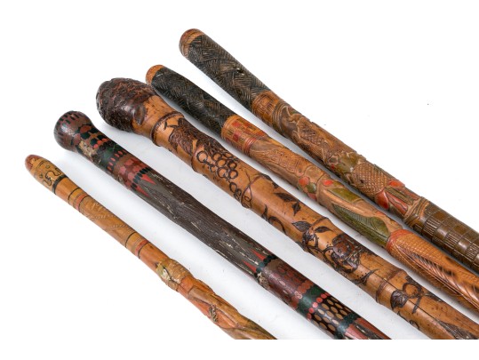 Lot Of Five Assorted Canes And Walking Sticks, Assorted Carved And Painted Or Stained Woods