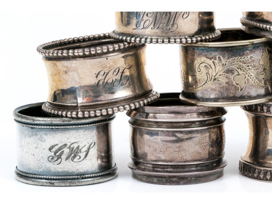 Lot Of Ten Fun Assorted Sterling Silver, Coin Silver And Silver Plated Napkin Rings