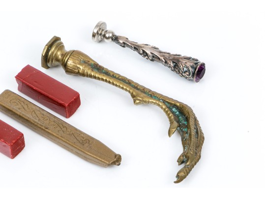 Lot Of Two Vintage Wax Seal Stamps, Silver Repousse And Brass Talon Motifs, With Wax