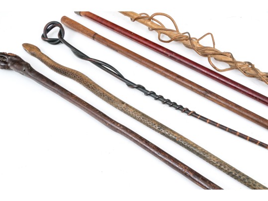 Lot Of Six Assorted Canes, Including Vine Compositions And Snake Motifs