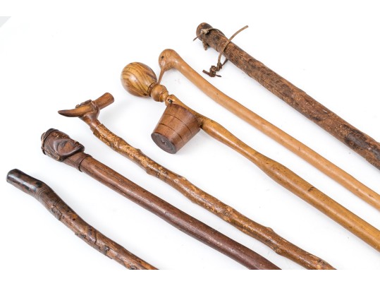 Lot Of Six Assorted Canes And Walking Sticks, Assorted Woods, Including A Cup Design