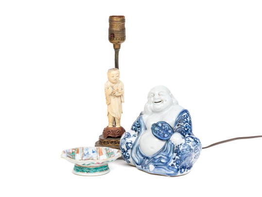 Complimentary Lamp, Buda Figure And Dresser Top Dish.