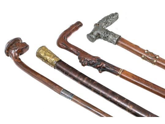 Lot Of Four Assorted Canes And Walking Sticks, Assorted Motifs, Including Mixed Metal
