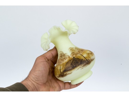 Fenton Uranium Glass Vase With Hand Painted Cabin Scene 
