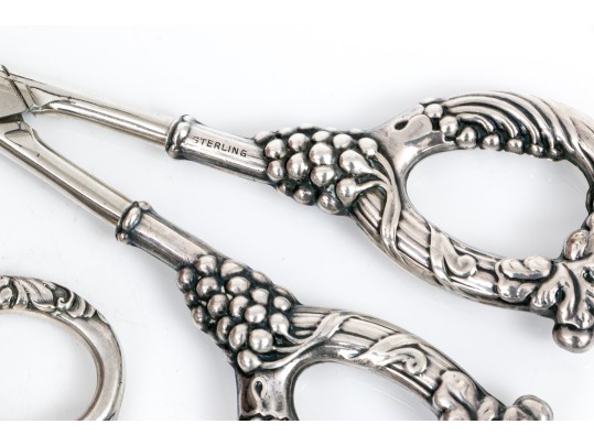 Lot Of Three Assorted Attractive Vintage Grape Shears, Two With Sterling Handles