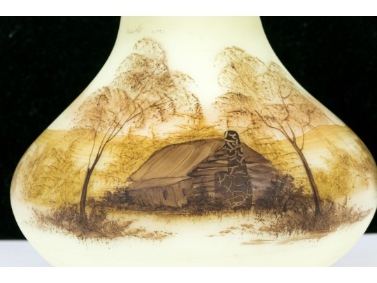 Fenton Uranium Glass Vase With Hand Painted Cabin Scene 