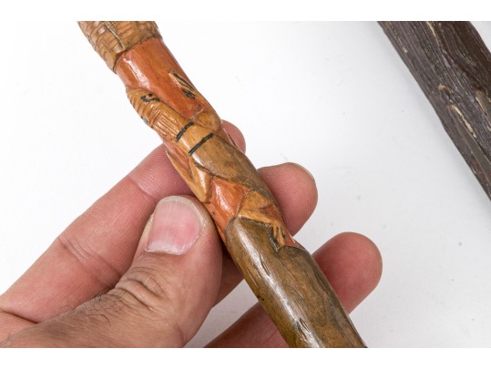 Lot Of Five Assorted Canes And Walking Sticks, Assorted Carved And Painted Or Stained Woods