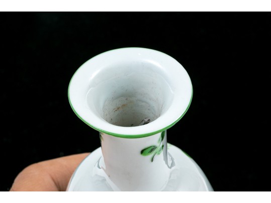 Limoge, Painted For Tiffany In Italy Pretty Green Floral Motif White Vase